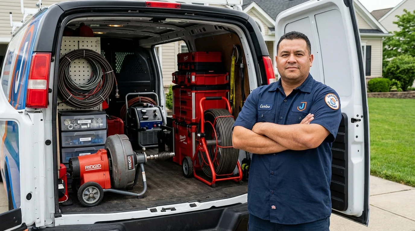 Professional drain cleaning equipment and Johns Plumbing LLC plumber in Ovid