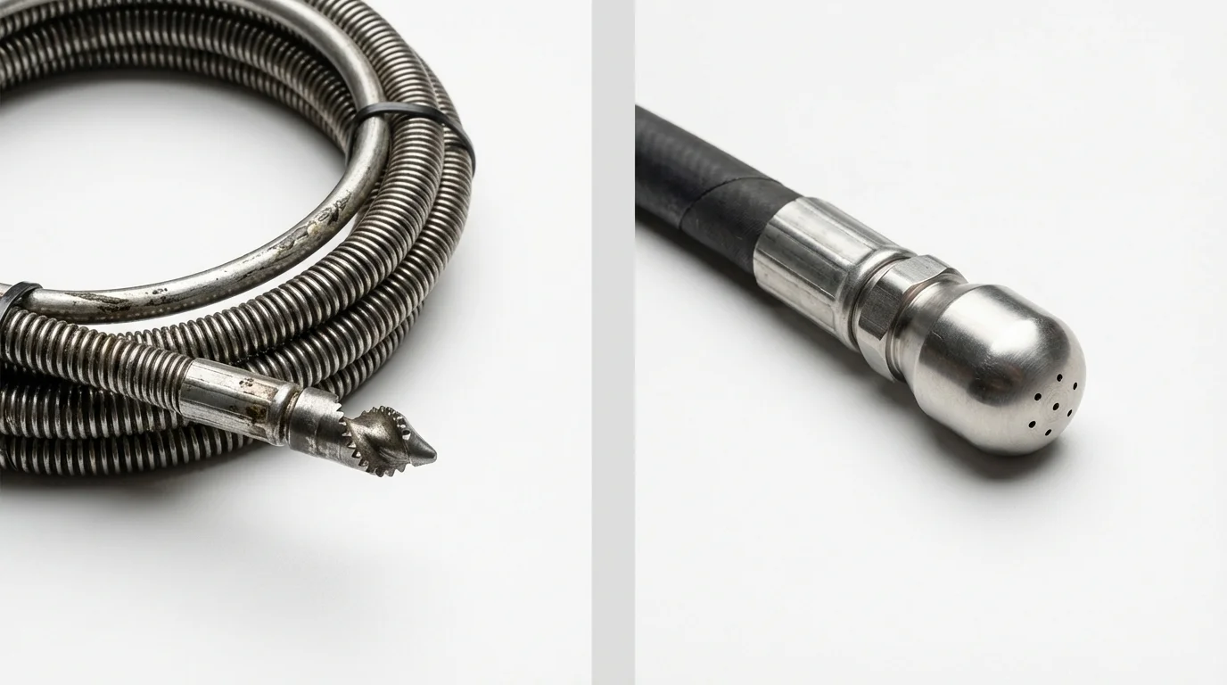 Drain snake cable and hydro jetting nozzle used for drain cleaning in Ovid, MI