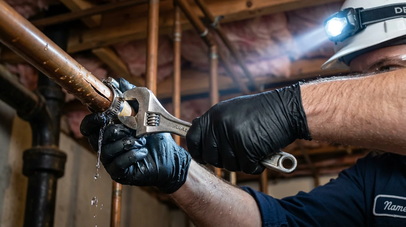 Emergency pipe clamp repair being performed by a Johns Plumbing LLC plumber in Ovid