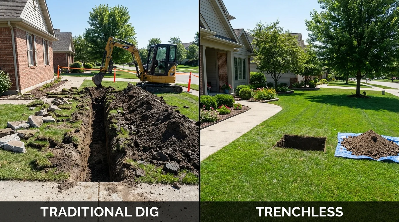 Trenchless sewer repair with minimal yard damage versus traditional excavation in Ovid, MI